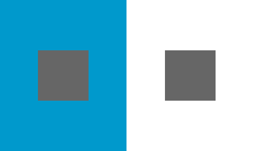 En raison de l’influence qu’exercent les couleurs les unes sur les autres, le carré de gauche parait orangé alors qu’il est identique à celui de droite.